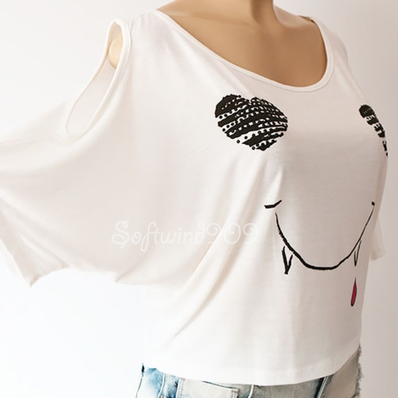 White Graphic Cutout Cold Shoulder Cute Crop Top - Picture 5 of 8